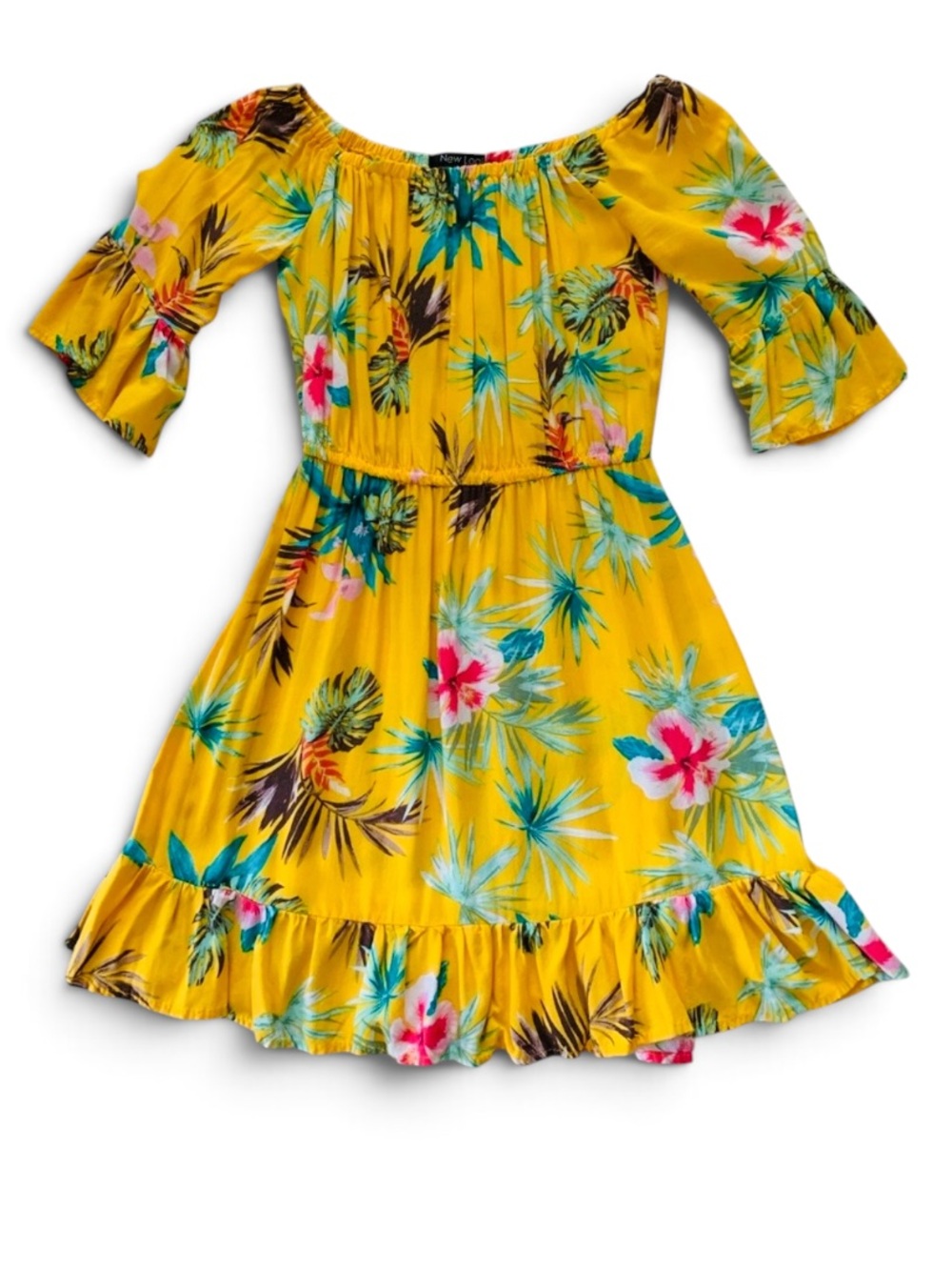 New Look off the shoulder mini tropical Yellow Dress, Sz L